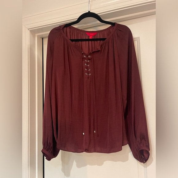 Jennifer Lopez Maroon Lace-Up Blouse - Picture 1 of 5